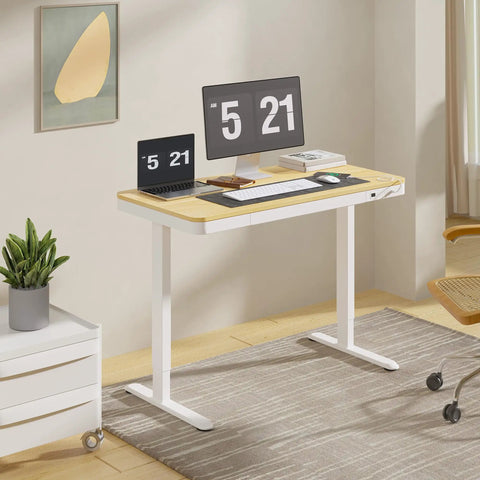 Electric Height Adjustable Standing Desk With USB Charging Port And Drawers, 48 Inch Maple Top White Frame, two monitors and chair