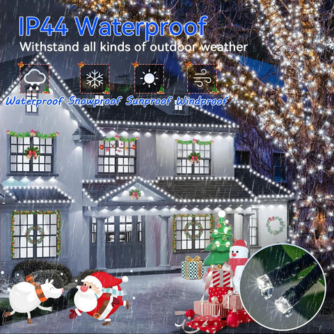 Night scene of house with 1000 LED Outdoor Christmas String Lights 403 Ft With 8 Modes IP44 Waterproof Fairy Lights glowing.