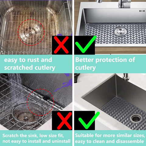 Comparison of non-protective sink grids and 26 By 14 Inch Silicone Sink Protector Mat for kitchen sinks, highlighting benefits.