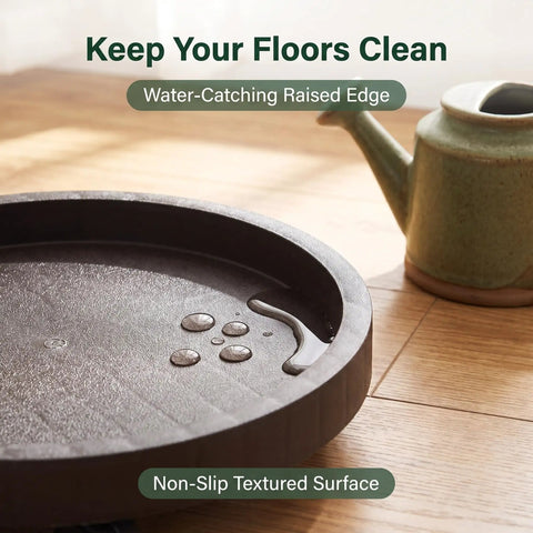 Heavy Duty Plant Caddy With Ultra Smooth Rollers, 14 Inch Round Planter Saucer showing water-catching edge and textured surface.