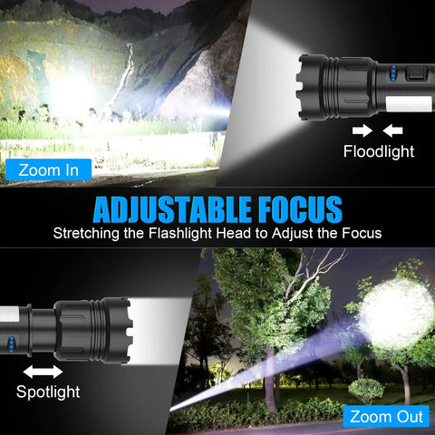 Beast Bright LED Magnetic Flashlight With USB Type C Rechargeable Battery focusing beam on outdoor scene with adjustable focus.
