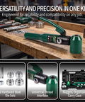 No Hassle Heavy Duty Hydraulic Knockout Punch And Electrical Conduit Hole Cutter Kit With Six Die Sets Half To Two Inches on wooden workbench.