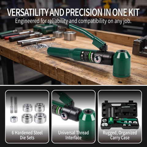 No Hassle Heavy Duty Hydraulic Knockout Punch And Electrical Conduit Hole Cutter Kit With Six Die Sets Half To Two Inches on wooden workbench.