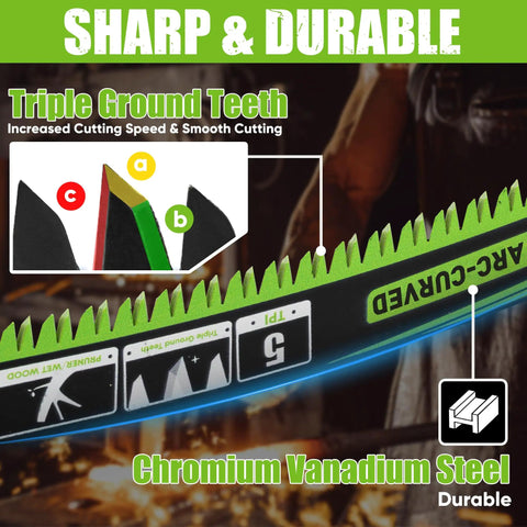 Close-up of 9.5 Inch Arc Curved Reciprocating Saw Blades Set With Storage Box For Tree Trimming And Wood Pruning, 5 TPI, CR-V Steel