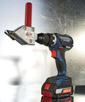 Turbo Sheet Metal Shear Attachment For Drills, 20 Gauge Capacity, attached to 18V cordless drill, red handle, lightweight aluminum head