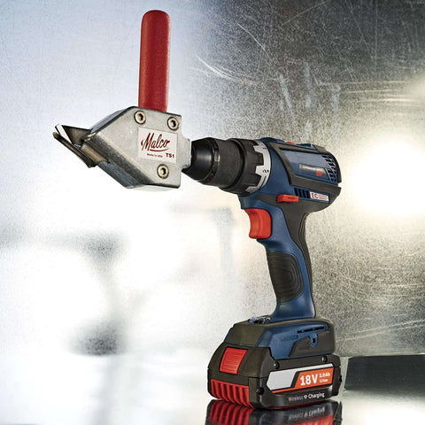Turbo Sheet Metal Shear Attachment For Drills, 20 Gauge Capacity, attached to 18V cordless drill, red handle, lightweight aluminum head