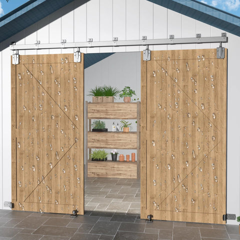 14 Ft Heavy Duty Box Rail Exterior Barn Door Hardware Kit For Two Doors Sliding Track System Outdoor Use With Anti Corrosion Finish, Doors Not Included, 450 Lb Capacity, Silver Weather Resistant For All Seasons installed on barn