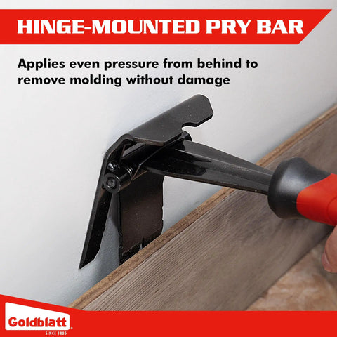 Trim Removal Tool For Baseboards Molding And Flooring No Damage Surface Protection Heavy Duty Pry Bar in use on baseboard