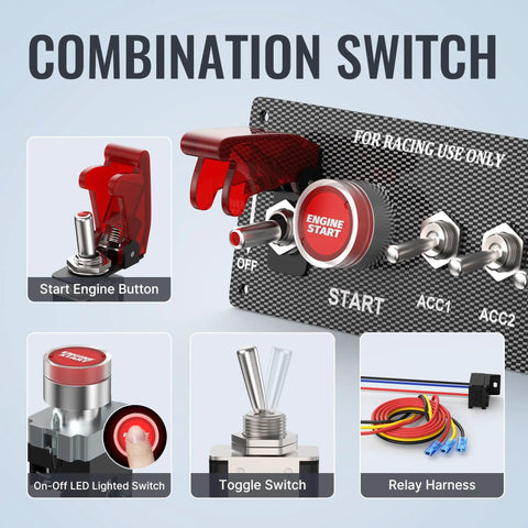 5 In 1 Ignition Switch Panel With Red LED Toggle For Boats And Cars DC 12V 30A Racing Switch Panel Push Start Kit close-up view