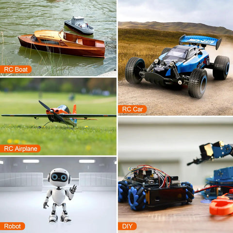 Collage of RC boat, RC car, RC airplane, robot, and DIY kit for Beefy 17g Metal Gear Digital Servo 1.8kg Torque 4.8V To 6V RC applications.