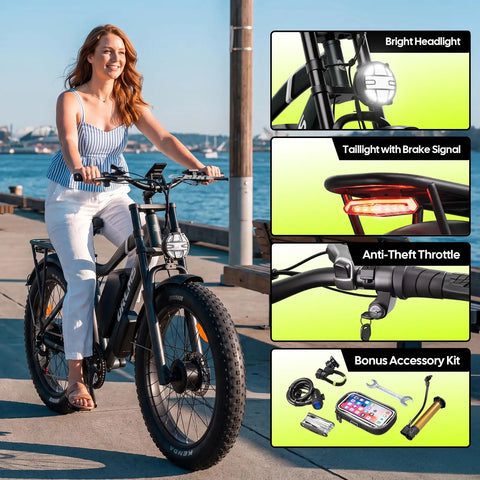 Hella Powerful 8000W Dual Motor Electric Bike For Adults with bright headlight, tail light, and anti-theft throttle features.