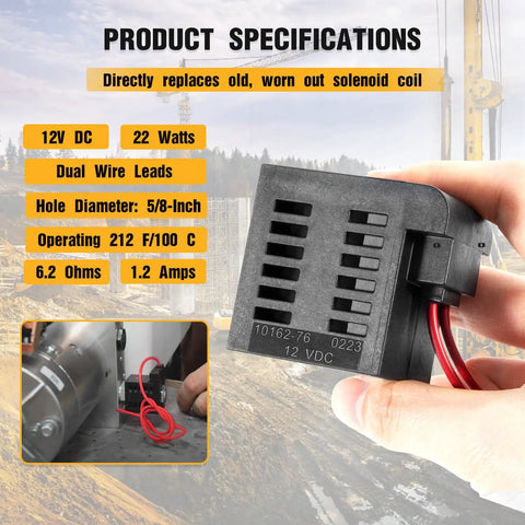 Hand holding 12V DC 22W solenoid coil replacement for Valve Stem Series 10 12 16 38 58 with dual wire leads for hydraulic power units.