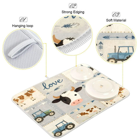 Farm Themed Dish Drying Mat With Cows And Tractor Design, Extra Large 18x24 Inches, showing details like hanging loop and soft material.