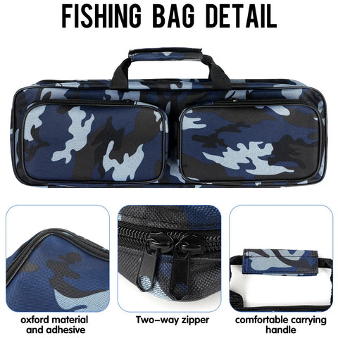17 Inch Fishing Tackle Carrier Bag With Two Front Pockets Travel Large Capacity Rod Case, camo design with zipper and handle