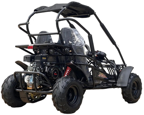 Rear view of Mid XRX Deluxe Go Kart Buggy With Full Roll Cage And Safety Harness, Dual Seats, Cargo Rack, 212cc Electric Start, Black
