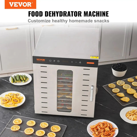 Big Time 1000W Electric Food Dehydrator With 10 Spacious Stainless Steel Trays and Easy Digital Controls in a kitchen setting.