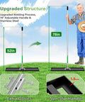 Extra Wide Lawn Leveler Rake With Heavy Duty Yard Leveling Tool 48 By 10 Inch Adjustable Steel Extendable Handle, ideal for garden use with farmer in background.