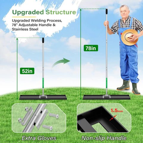 Extra Wide Lawn Leveler Rake With Heavy Duty Yard Leveling Tool 48 By 10 Inch Adjustable Steel Extendable Handle, ideal for garden use with farmer in background.