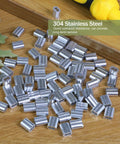 100 Pcs M2 Aluminum Crimp Sleeves For Wire Rope Ends Double Barrel Ferrules Easy Install Loop Crimps Protective Wire Rope End Caps For Heavy Duty Applications, 304 stainless steel sleeves on wood