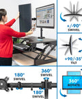 Person adjusting dual monitor standing desk converter with 36 inch wide surface, height adjustable riser with gas spring and mounts.