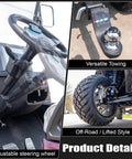 Top Shelf Two Seater Electric Golf Cart With 5kW Motor And 60V Battery Serving 20 Mph Cruising Speed Over 44 Mile Range details of steering wheel and tire.