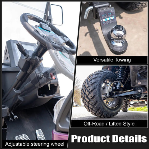 Top Shelf Two Seater Electric Golf Cart With 5kW Motor And 60V Battery Serving 20 Mph Cruising Speed Over 44 Mile Range details of steering wheel and tire.
