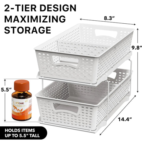 Total Game Changer Slick Sliding Under Sink Organizer With Adjustable Divider And Portable White Baskets For Kitchen Cabinets And Bathroom Vanity No Sweat Storage, showing 2-tier design with dimensions.