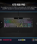 Elite Mechanical Gaming Keyboard With Cherry MX Red Switches And Fire Per Key RGB Lighting features colorful illuminated keys and aluminum chassis.