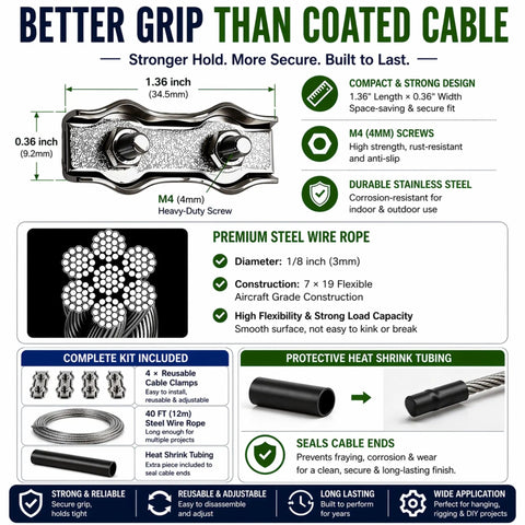 Diagram of One Eighth Inch Stainless Steel Wire Rope Kit With Reusable Cable Clamps, featuring durable 7x19 aircraft cable and components.