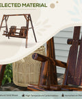 Wooden Porch Swing With Stand Two Seat Patio Swing Chair With Center Table For Garden Poolside Backyard Outdoor Adirondack Rustic Fir Log Design With Carbonized Finish in outdoor setting.
