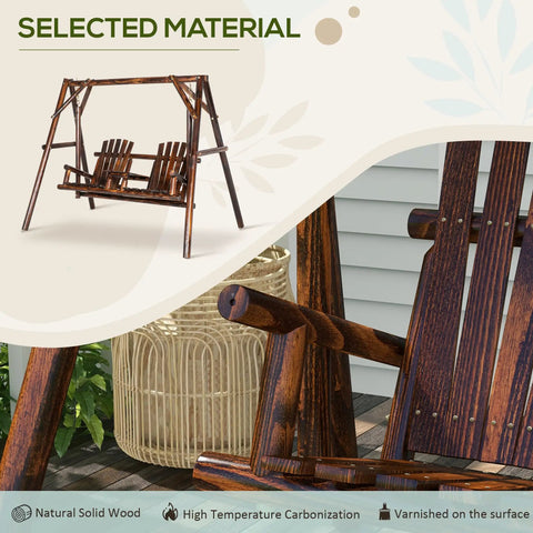 Wooden Porch Swing With Stand Two Seat Patio Swing Chair With Center Table For Garden Poolside Backyard Outdoor Adirondack Rustic Fir Log Design With Carbonized Finish in outdoor setting.