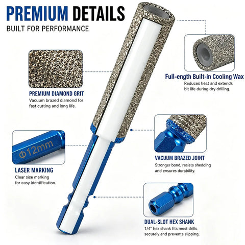 Vacuum brazed diamond drill bit with cooling wax and hex shank for precision cutting. Crush Through Hard Surfaces With This Eight Piece Vacuum Brazed Diamond Drill Bit And Hole Saw Set For Tile Glass Porcelain Granite Fast Cut Edge Grinding And Pro Shop Precision.