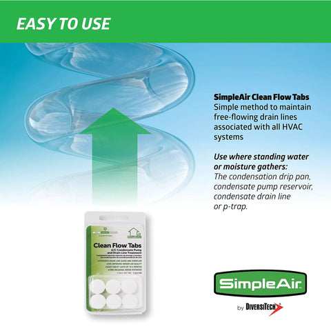 Packaging of Drain Line Clean Flow Tabs For AC Units And HVAC Systems Dehumidifiers And Condensate Lines Keep Drain Lines Clear And Free Flowing No Clog Easy Maintenance Six Count Pack with product description.