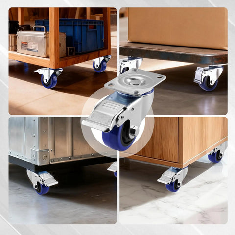 Heavy Duty 3 Inch Swivel Caster Wheels Set Of 4 seen on various furniture and storage, showcasing galvanized steel build and smooth 360 rotation.