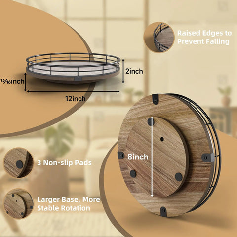 Kick Your Kitchen Clutter To The Curb With This Smooth Spinning Acacia Wood Lazy Susan Turntable Organizer and Round Wooden Tray for Condiments Spices and Bathroom Vanity Decked Out in Farmhouse Vibes dimensions with raised edges and non-slip pads.