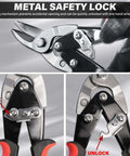 Three Pack Aviation Tin Snips For Cutting Metal Sheets With Heavy Duty CRV Steel Blades showing safety lock mechanism