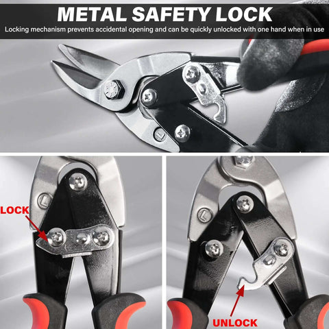 Three Pack Aviation Tin Snips For Cutting Metal Sheets With Heavy Duty CRV Steel Blades showing safety lock mechanism