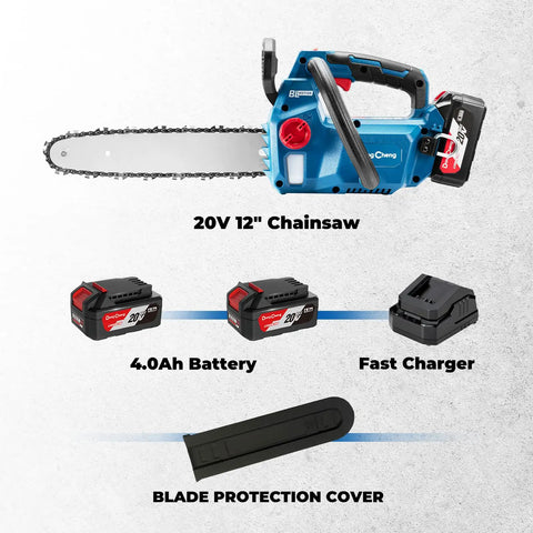 Brushless Cordless Chainsaw With 12 Inch Bar 20V Power, Snappy 12 Meter Per Second Chain Speed, Tool Free Tensioning, Auto Oiler