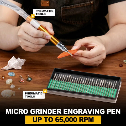 Rugged Micro Pneumatic Air Pencil Die Grinder Featuring Smooth Thumb Throttle 1/8 Inch Collet And Featherweight Grip for engraving tasks.