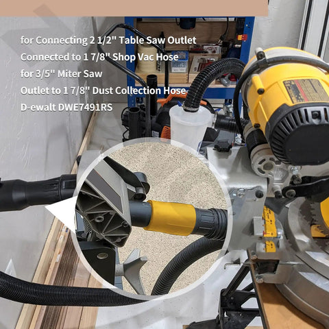 Miter Saw Vacuum Adapter Fits 2-1/2 Inch Outlet To 1-7/8 Inch Shop Vac Hose connected to Dewalt DWE7491RS miter saw.
