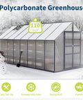 Walk-In Outdoor Greenhouse Kit With Built-To-Last Aluminum Frame And 4mm Twin-Wall Polycarbonate Panels, 8 By 16 Foot shown in winter setting