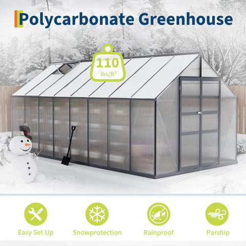 Walk-In Outdoor Greenhouse Kit With Built-To-Last Aluminum Frame And 4mm Twin-Wall Polycarbonate Panels, 8 By 16 Foot shown in winter setting