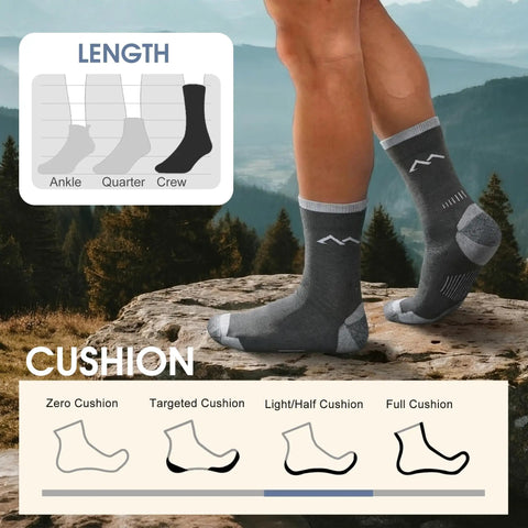 Men's Merino Wool Hiking Socks 3 Pack Micro Crew Cushioned Thermoregulating All Season Comfort Moisture Wicking Trekking Socks Trail Ready For Outdoors And Everyday Adventures showing crew length and cushioning options.