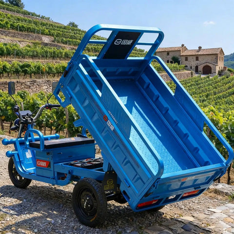 Electric Cargo Tricycle With A 1000W Beast Motor, 60V 45Ah Battery, Huge Capacity, Range 60 To 70Km, Can Haul 1100 Lbs, Eco Friendly Urban Hauler, Tough Steel Frame, Quick And Easy Assembly For Real World Cargo, blue steel dump bed