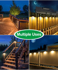 Solar Fence Lights 6 Pack With 8 Modes Warm White Cool White RGB shown lighting up deck, fence, steps, and yard at night