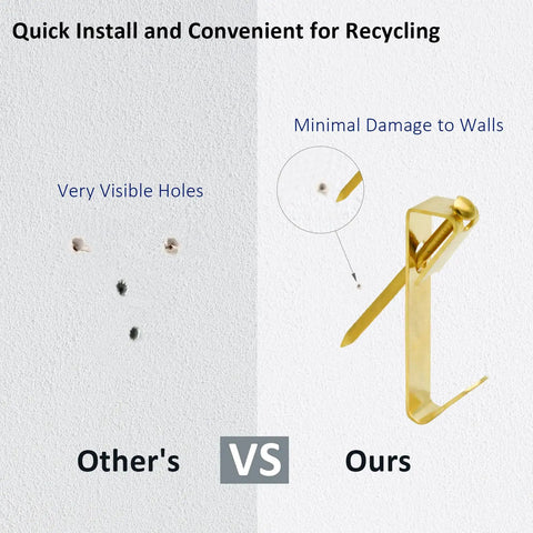 Comparison of wall damage by regular hook versus Heavy Duty Picture Hanging Kit Set With 100 Pieces including metal hangers.