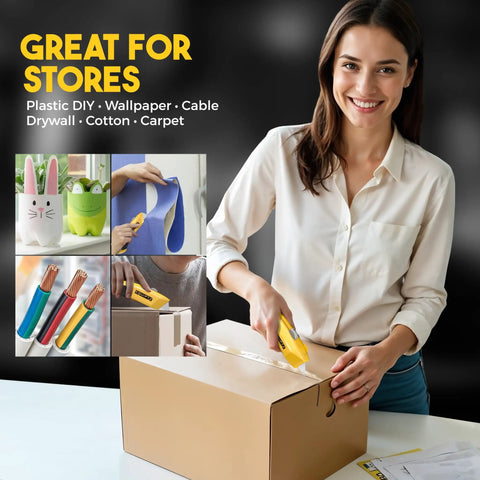 Woman using Auto Reload Utility Knife With 10 Preloaded SK5 Blades, Heavy Duty Retractable Box Cutter on cardboard box