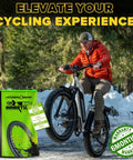 Cyclist on e-bike with Two Pack 20x4 Fat Tire Inner Tube With 32mm AV Schrader Valve For 20 Inch Fat Bikes Fits 20x3.5-4.0 Tires Includes 2 Tire Levers
