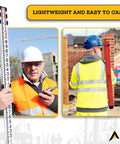 Construction worker holding 9 Foot Aluminum Telescoping Pro Grade Rod With Dual Sided 5 Section Leveling Rod 8th Foot Graduations