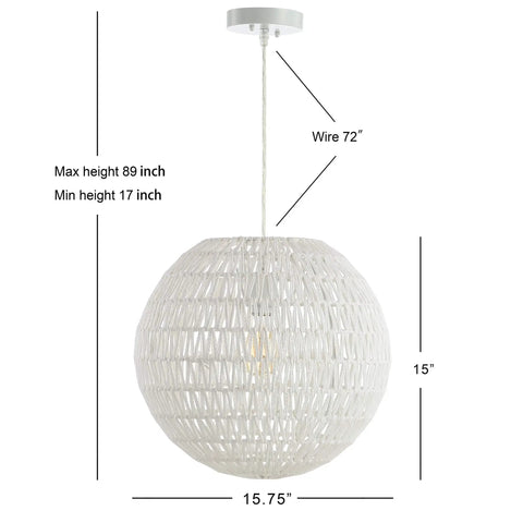 15.7 Inch White Modern Bohemian Woven LED Pendant Light With Adjustable Hanging Ceiling Lamp For Kitchen Island And Dining Room, Paper Wicker Shade, Bulb Included, Sleek And Lit